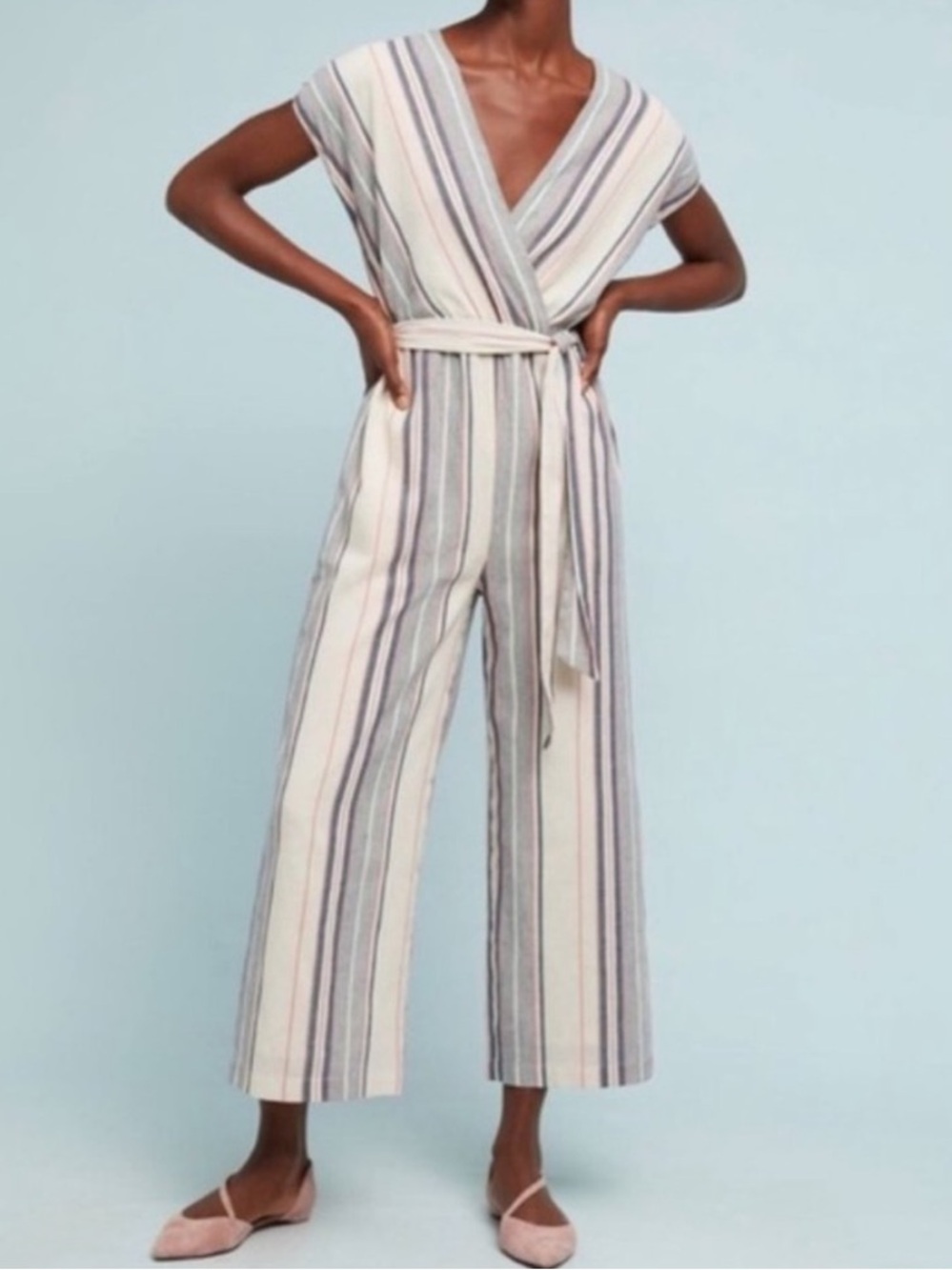 Anthropologie DOLAN Striped V-Neck Belted Jumpsuit - Cream, Blue, Pink